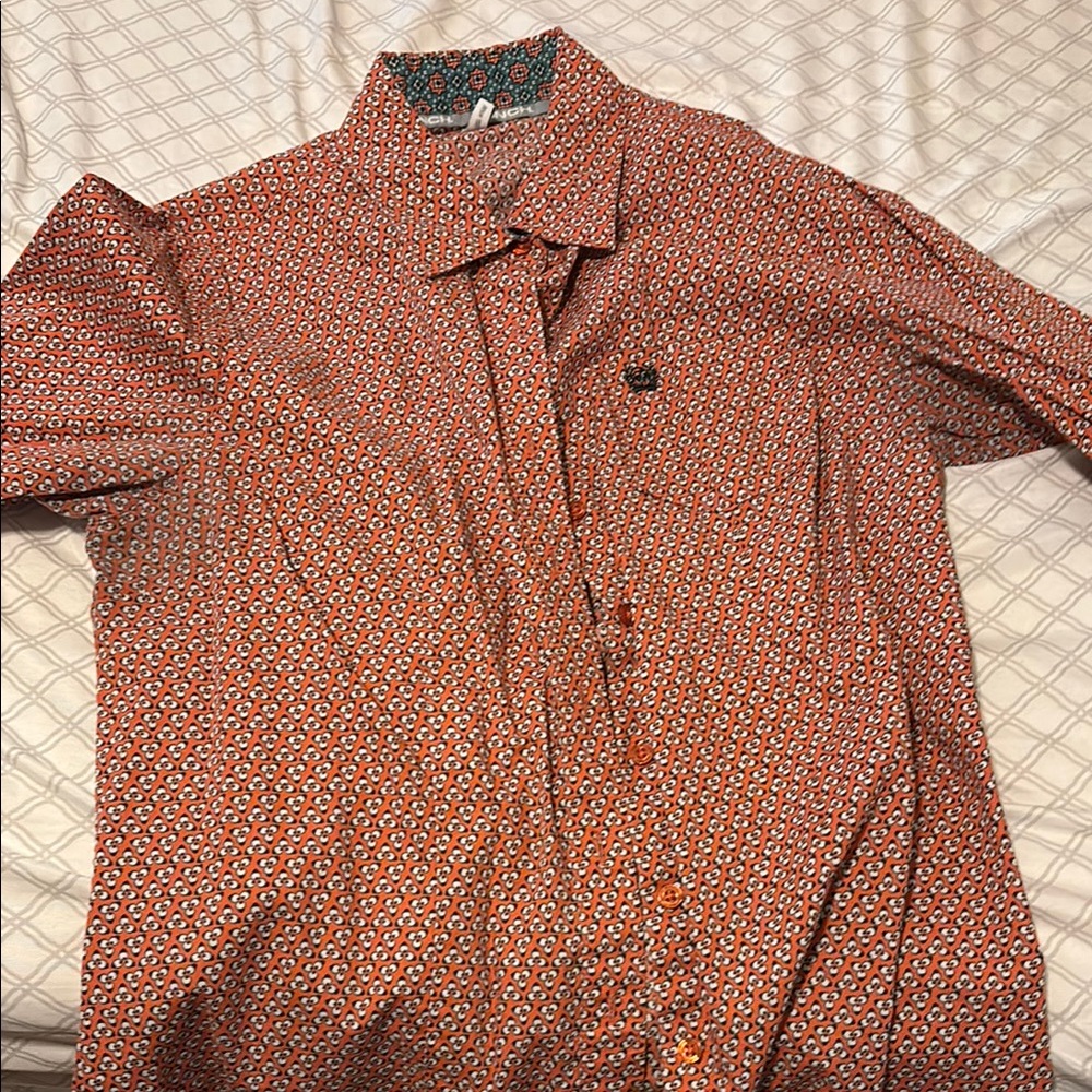 Cinch Red Button Down Shirt with Geometric Pattern